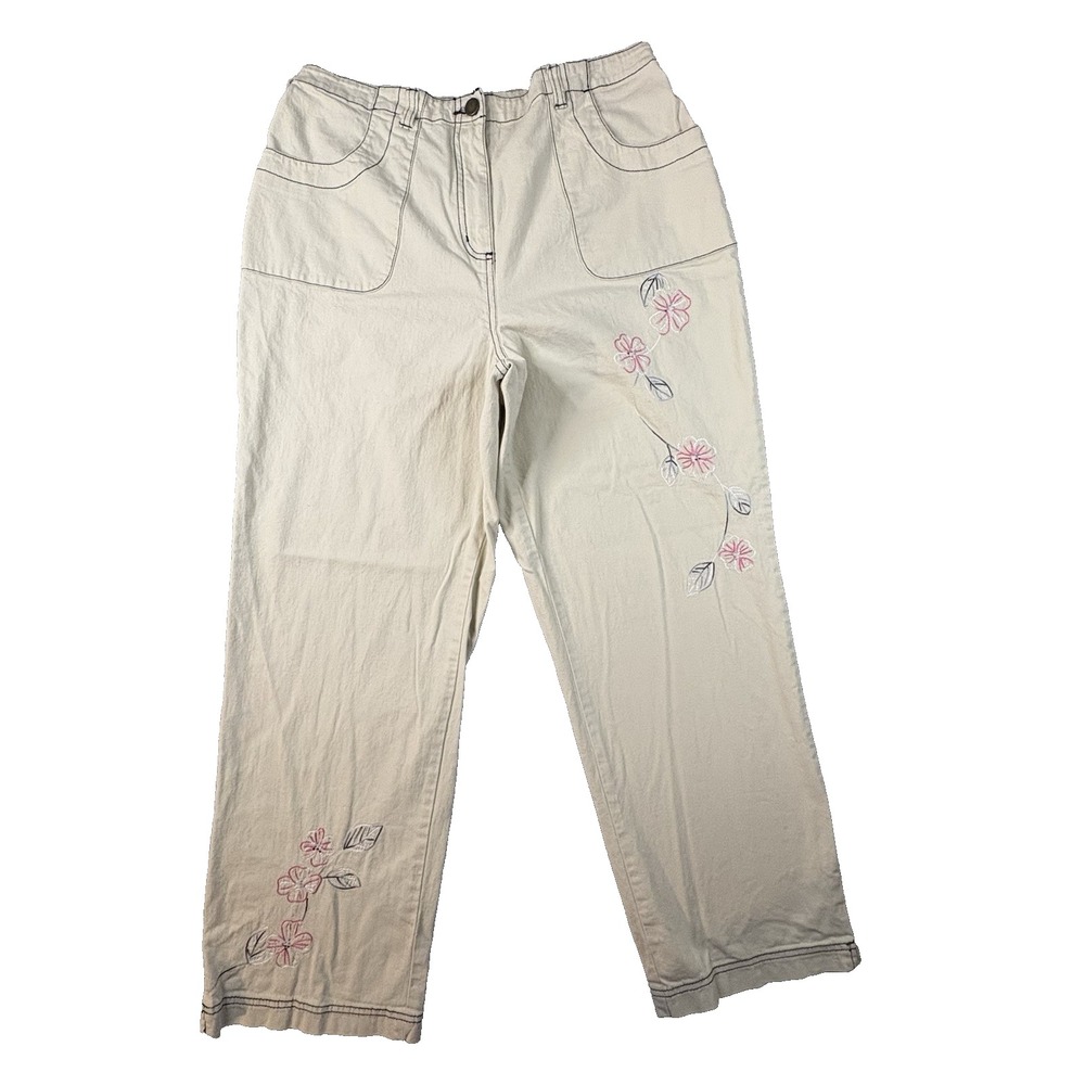 Denim & Co Women's L (32.5x29.5) Ivory Floral Embroidered Straight Stretch Pants